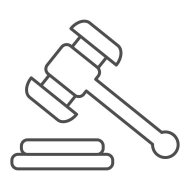 Çekiç yargıcı ince çizgi ikonu. Açık arttırma çekiç vektör çizimi beyaza izole edildi. Adalet taslağı tasarımı, web ve uygulama için tasarlandı. Eps 10.