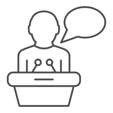 Tribün ince çizgi ikonu üzerine ders veriyorum. Kamu konferansı vektör illüstrasyonu beyazda izole edildi. Konuşma tasarımı, web ve uygulama için tasarlanmış. Eps 10.