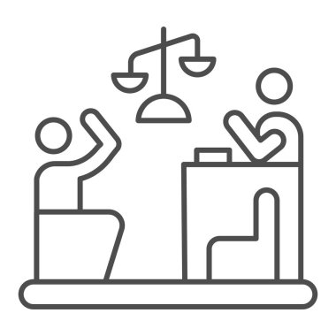 Yargıç ve suçlu ince çizgi ikonu. Mahkeme vektör çizimi beyaza izole edildi. Web ve uygulama için tasarlanmış deneme ana hatları tasarımı. Eps 10.