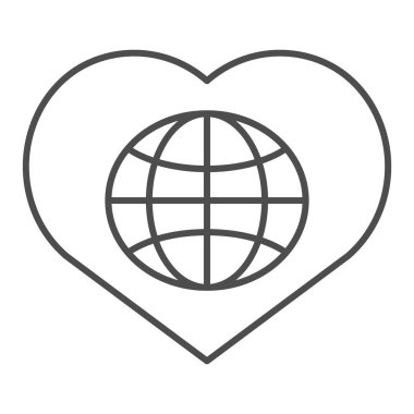 Kalp çizgisi ikonunda küre. Beyazda izole edilmiş dünya vektör illüstrasyonu. İnternet ve uygulama için tasarlanmış, kalp hatları çizgili bir gezegen. Eps 10.