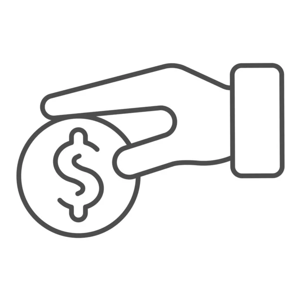 Mano sosteniendo moneda delgada icono de línea. Ilustración vectorial dólar aislado en blanco. Dar diseño de estilo de contorno de dinero, diseñado para la web y la aplicación. Eps 10 . — Archivo Imágenes Vectoriales