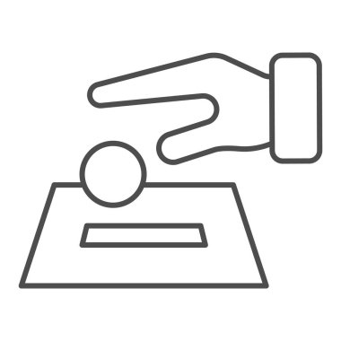 El, kutuyu ince çizgi simgesine para koyuyor. Beyaz üzerine izole edilmiş vektör illüstrasyonunu bağışla. Charity konsepti web ve uygulama için tasarlanmış tasarım tasarımı. Eps 10.