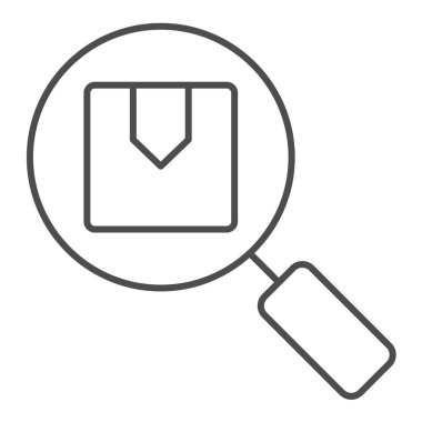 Teslimat için ince çizgi simgesi bul. Kargo kutusu vektör illüstrasyonunu beyaza izole edin. Web ve uygulama için tasarlanmış tasarım tasarımı. Eps 10.