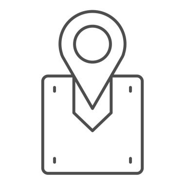 Paket konumu ince çizgi simgesi. Kargo konumu vektör çizimi beyaza izole edildi. Web ve uygulama için tasarlanmış kutu ana hatlı stil tasarımlı harita iğnesi. Eps 10.