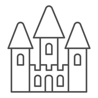 Şato oyuncağı ince çizgi ikonu. Bebek oyuncağı çizimi beyaza izole edilmiş. Çocuk sarayı tasarımı, web ve uygulama için tasarlanmış. Eps 10.