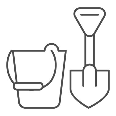 Kum havuzu ince çizgi simgesi için oyuncaklar. Bebek kovası ve kürek vektör çizimi beyaza izole edilmiş. Çocuk oyuncağı tasarımı, web ve uygulama için tasarlanmış. Eps 10.