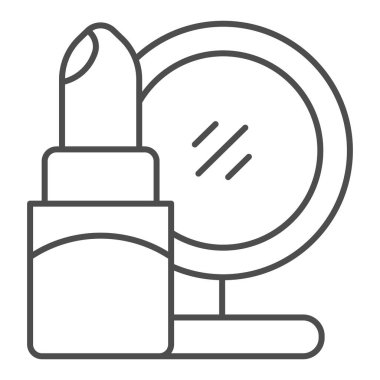 Ruj ve ayna ince çizgi ikonu. Kozmetik vektör çizimi beyaza izole edildi. Makyaj tasarımı, web ve uygulama için tasarlanmış. Eps 10.