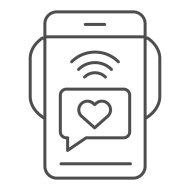 Aşk mesajı içeren akıllı telefon, ince çizgi simgesi. Romantik SMS vektör çizimi beyaza izole edilmiş. Web ve uygulama için tasarlanmış Aşk Sohbeti tasarımı. Eps 10.