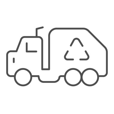 Çöp kamyonu ince çizgi ikonu. Çöp arabası yasaklı vektör illüstrasyonunu beyaza izole etti. Araç tasarımı, web ve uygulama için tasarlanmış. Eps 10.