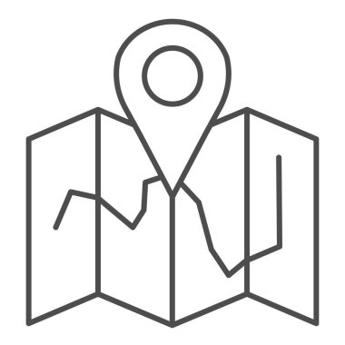 Harita konumu ince çizgi simgesi. Beyaz üzerinde izole edilmiş pin vektör çizimi olan harita. Seyahat tasarımı, web ve uygulama için tasarlanmış. Eps 10.