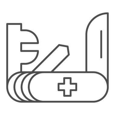 İsviçre bıçak ince çizgi ikonu. Ordu bıçağı çizimi beyaza izole edildi. Cep bıçağı tasarımı, web ve uygulama için tasarlanmış. Eps 10.