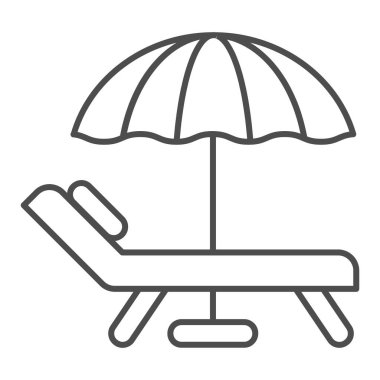 Plaj şemsiyesi ve sandalye ince çizgi ikonu. Tatil vektör illüstrasyonu beyaza izole edildi. Seyahat tasarımı, web ve uygulama için tasarlanmış. Eps 10.