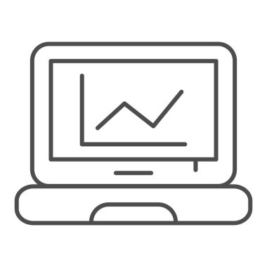 Dizüstü bilgisayardaki çizelge, ince çizgi simgesi. Bilgisayar diyagramı vektör çizimi beyaza izole edildi. Web ve uygulama için tasarlanmış ekran ana hatlı tasarım grafiği. Eps 10.