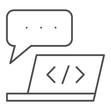 Laptop geliştirme ince çizgi simgesi. Not defteri ve konuşma kabarcığı çizimi beyaza izole edildi. Bilgisayar yazılımı tasarımı, web ve uygulama için tasarlandı. Eps 10.