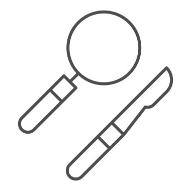 Cerrahi aletler ince çizgi simgesi. Tıbbi ekipman vektör çizimi beyaza izole edildi. Neşter ve lens tasarımı, web ve uygulama için tasarlanmış. Eps 10.