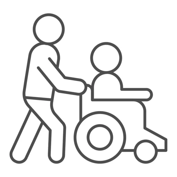 Nápověda zakázat ikonu tenké čáry. Muž na vektorové ilustraci na invalidním vozíku izolovaný na bílém. Zdravotně postižení lidé pomáhají nastínit design stylu, určený pro web a aplikaci. Eps 10. — Stockový vektor
