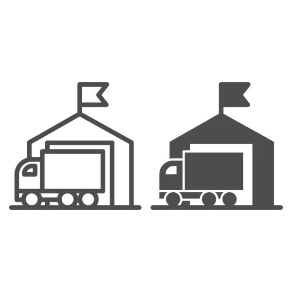 Lieferwagen und Lagerhaus Linie und solide Symbol, Transport-Lieferservice Symbol, Lagergebäude mit LKW-Vektor-Zeichen auf weißem Hintergrund, Logistik-Lager Symbol Umriss. Vektorgrafik. — Stockvektor