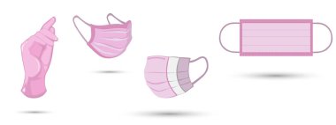 Koronavirüs ve kovid 19 'a karşı koruyucu unsurlar. Cerrahi eldivenli pembe maske seti beyaz, güvenli hijyen ve virüs önleme. Pembe tıbbi ekipman, vektör illüstrasyonu.