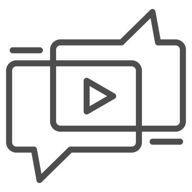 Sohbet baloncuk hattı simgesi ile video içeriği tartışması. Bloglama sembolü, beyaz arkaplanda ana hatlı resim çizimi. Mobil konsept ve web tasarımı için sosyal medya imzası. Vektör grafikleri.