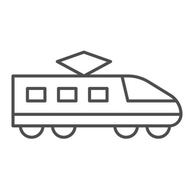 Elektrik treni ince çizgi simgesi, ulaşım sembolü, beyaz zemin üzerinde modern yüksek hızlı tren vektör işareti, mobil konsept ve web tasarımı için ana hatlı metro simgesi. Vektör grafikleri.