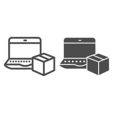 Laptop ve karton paket hattı ve katı ikon, çevrimiçi alışveriş ve dağıtım sembolü, beyaz zemin üzerinde paket kutusu vektör işareti olan laptop, çevrimiçi ürün sipariş simgesi taslak biçimi. Vektör grafikleri.