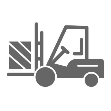 Forklift kamyon teslimatı katı ikon, lojistik sembol, beyaz arka planda kargo ambalaj taşıyıcı işareti, mobil ve web için sembol şeklinde kutu simgesi olan kaldırma kamyonu. Vektör.