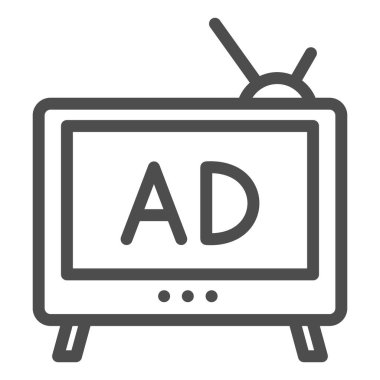 TV reklamları çizgi simgesi. Televizyon medyası reklam sembolü, beyaz arka planda ana hatlı resim. Mobil konsept ve web tasarımı için reklam pazarlama tabelası. Vektör grafikleri.