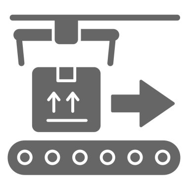 Taşıyıcı katı simge, dağıtım sembolü, beyaz arkaplanda otomatik ürün paketleme vektör işareti, mobil ve web tasarımı için glifli robotik ambalaj simgesi. Vektör grafikleri.