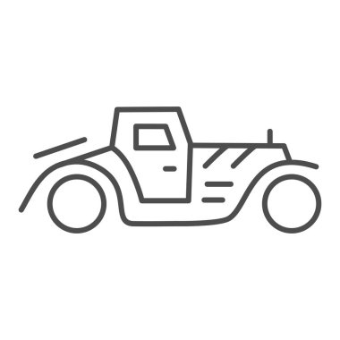 Retro car ince çizgi ikonu, ulaşım sembolü, beyaz arka planda klasik klasik klasik araba vektör işareti, 1930 'ların ikon ana hatlı sedan makinesi mobil konsept ve web tasarımı için. Vektör grafikleri.