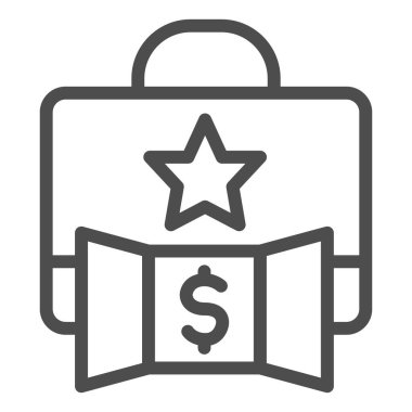 Dolar çizgisi ikonlu promosyon portföyü. Seçkin evrak çantası yıldız sembolü ile kar elde ediyor, beyaz arka planda ana hatlı resim çizimi. Mobil ve web tasarımı için para tasarrufu iş tabelası.