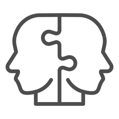 İki yapboz parçası insan kafası simgesi oluşturuyor. Bulmaca erkek başları sembolü, beyaz arka planda ana hatlı resim. Mobil konsept ve web tasarımı için yaratıcı iş tabelası. Vektör grafikleri.