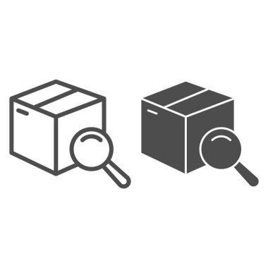 Büyüteç çizgili kutu ve katı ikon, dağıtım ve lojistik sembol, beyaz arkaplanda paket takip vektör işareti, ana hatlarda büyüteç simgesi altında karton. Vektör grafikleri.