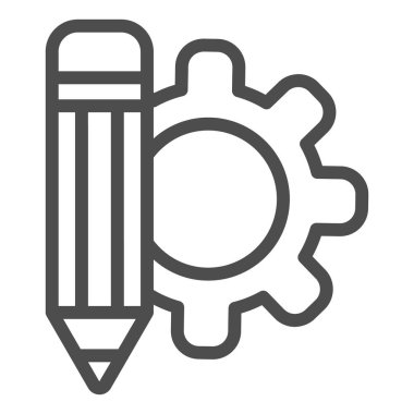 Kalem ve vites kutusu simgesi. Pazarlama ilhamı ve fikir sembolü, beyaz arka planda taslak stil çizimi. Mobil konsept ve web tasarımı için çark işareti ile süreç oluşturuluyor.