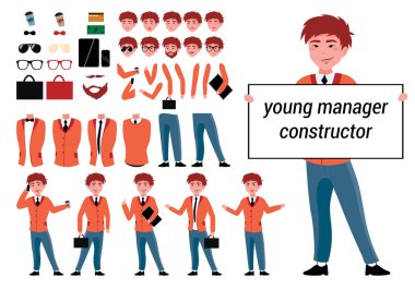 Vektör içindeki sahneleriniz için oluşturucu yönetici karakter. Çeşitli bakış açıları, duyguları, pozları, aksesuarları ve jestleri olan yapıcı karakter. Canlandırma ve tasarım için vücut şablonu parçaları.
