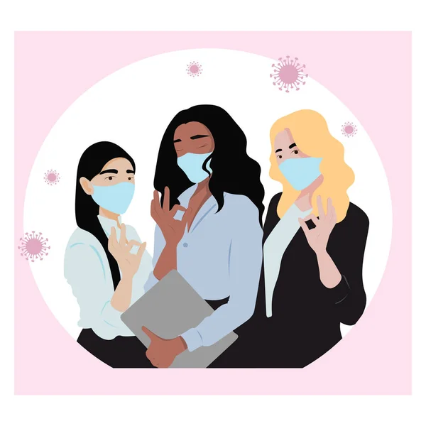 바이러스 예방을 위해 보호 마스크를 쓰고 있는 여성들. 세 명의 여학생 이 괜찮은 몸짓으로 파란 수술 마스크를 쓰고 있습니다. 코로나 바이러스 격리의 개념 과 거리 연구. 벡터 일러스트. — 스톡 벡터