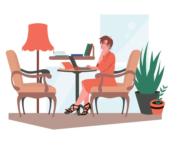 女商人在家里工作。穿着雅致红色衣服的远程女工坐在扶手椅上，与笔记本电脑和智能手机一起工作。病媒。在线学习，教育。内政部。自由职业者的生活方式. — 图库矢量图片