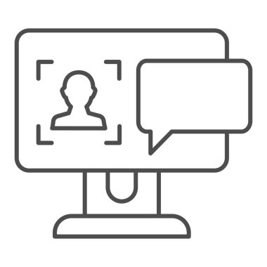 Bilgisayar ekranındaki kullanıcı ince çizgi simgesi. Yetkilendirme vektör illüstrasyonu beyaza izole edildi. Web ve uygulama için tasarlanmış, ekran ana hatlı biçim tasarımındaki diyalog penceresi. Eps 10.