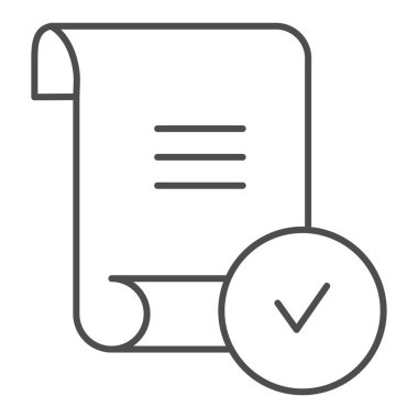 İşaretli ince çizgi simgesi olan sayfa. Beyaz üzerine izole edilmiş kene vektör illüstrasyonlu belge. Doğrulanmış rapor ana hatları tasarımı, web ve uygulama için tasarlandı. Eps 10.