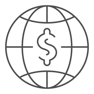İnce çizgi ikonlu dolar. Dünya para vektör illüstrasyonu beyaza izole edildi. Web ve uygulama için tasarlanmış küresel bütçe tasarımı. Eps 10.