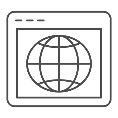 Küre ince çizgi ikonlu tarayıcı. Gezegen vektör illüstrasyonlu web sayfası beyaza izole edildi. Web ve uygulama için tasarlanmış küresel arama ana hatları tasarımı. Eps 10.