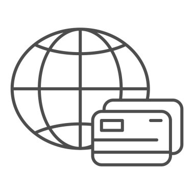 Küresel ince çizgi ikonlu kredi kartı. Küresel ödeme vektör çizimi beyaza izole edildi. İnternet ve uygulama için tasarlanmış kredi kartı tasarımı olan bir dünya. Eps 10.