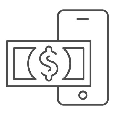 Mobil bankacılık ince çizgi simgesi. Dolar ve akıllı telefon vektör çizimi beyaza izole edildi. Ödeme taslağı tasarımı, web ve uygulama için tasarlandı. Eps 10.