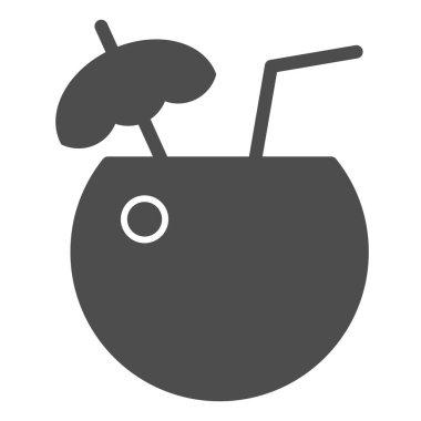 Hindistan cevizi kokteyli katı ikonu. Beyaz üzerine izole edilmiş vektör illüstrasyonu iç. Tropikal içecek kabartma tasarımı, web ve uygulama için tasarlanmış. Eps 10.