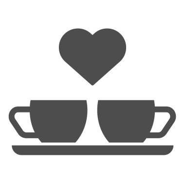 Kalp ve iki kahve fincanı. Beyaza izole edilmiş iki kupa ve kalp vektör çizimi. Romantik içecek kabartma tasarımı, web ve uygulama için tasarlanmış. Eps 10.
