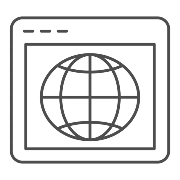 Browser mit Globus-Thin-Line-Symbol. Webseite mit Planetenvektordarstellung isoliert auf weiß. Globale Suche umreißt Stil-Design, entworfen für Web und App. Eps 10. — Stockvektor