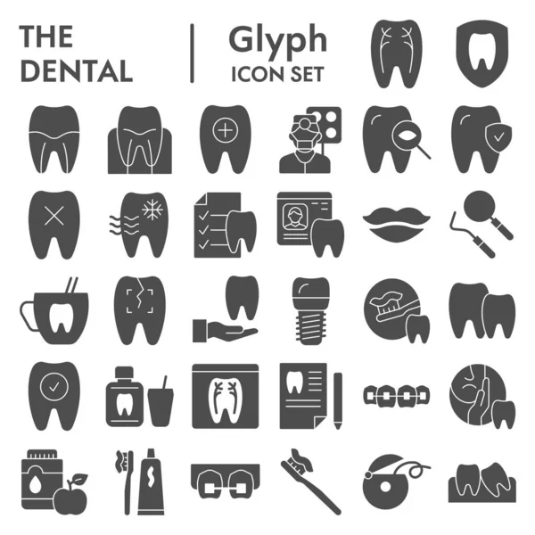 Set ikon glif gigi, koleksi simbol peralatan kedokteran gigi, sketsa vektor, ilustrasi logo, tanda-tanda kebersihan mulut piktogram padat paket diisolasi pada latar belakang putih, eps 10. - Stok Vektor