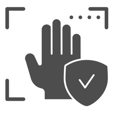 Avuç içi tanıma katı simgeyi onayladı. Doğrulama el izi sistemi kabul edilen vektör illüstrasyonunu beyaza izole etti. El biyometrik taraması glifin tasarımını kontrol etti. Eps 10.