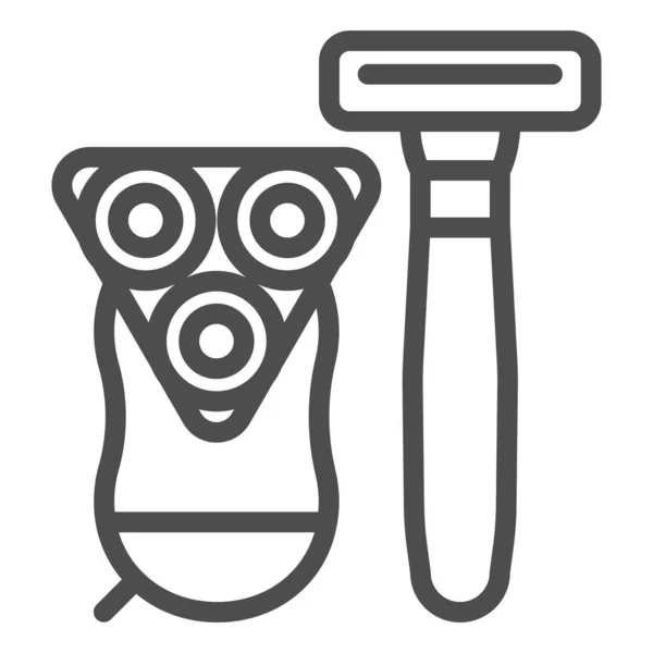 Equipo de depilación icono de línea. Ilustración vectorial de afeitado aislada en blanco. Máquinas de afeitar eléctricas y desechables esbozan el diseño de estilo, diseñado para la web y la aplicación. Eps 10 . — Vector de stock