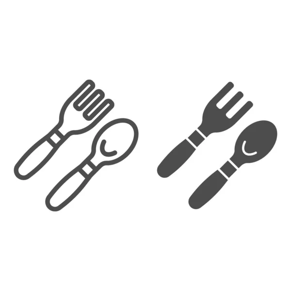Baby spoon and fork line and glyph icon. Cutlery vector illustration isolated on white. Baby dining tools outline style design, designed for web and app. Eps 10. — Stock Vector