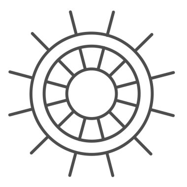 Tekne direksiyonu, ince çizgi ikonu, gemi amblemi sembolü, beyaz arka planda gemi tekerleği vektör işareti, mobil konsept ve web tasarımı için ana hatlı dümen ikonu. Vektör grafikleri.